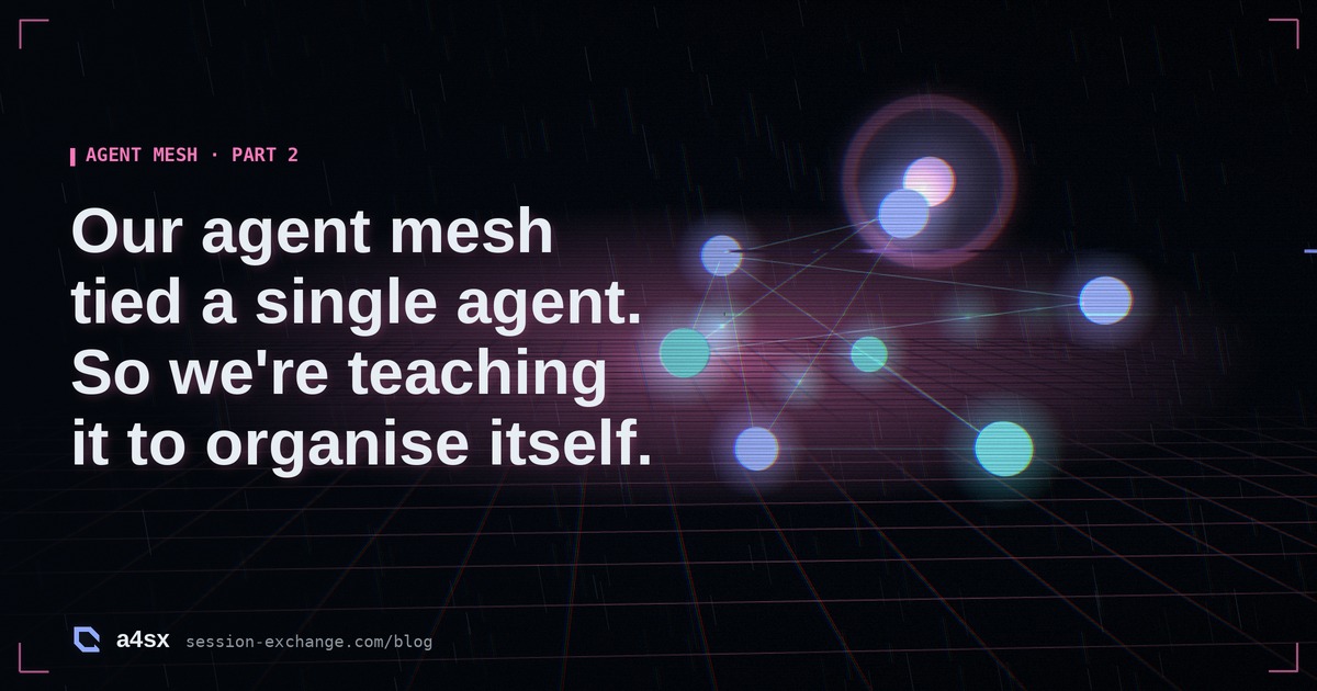 Neon illustration: eight glowing agent cells on a dark grid, joined by cyan links with pulses travelling along them, and one busy cell flaring inside a magenta ring.