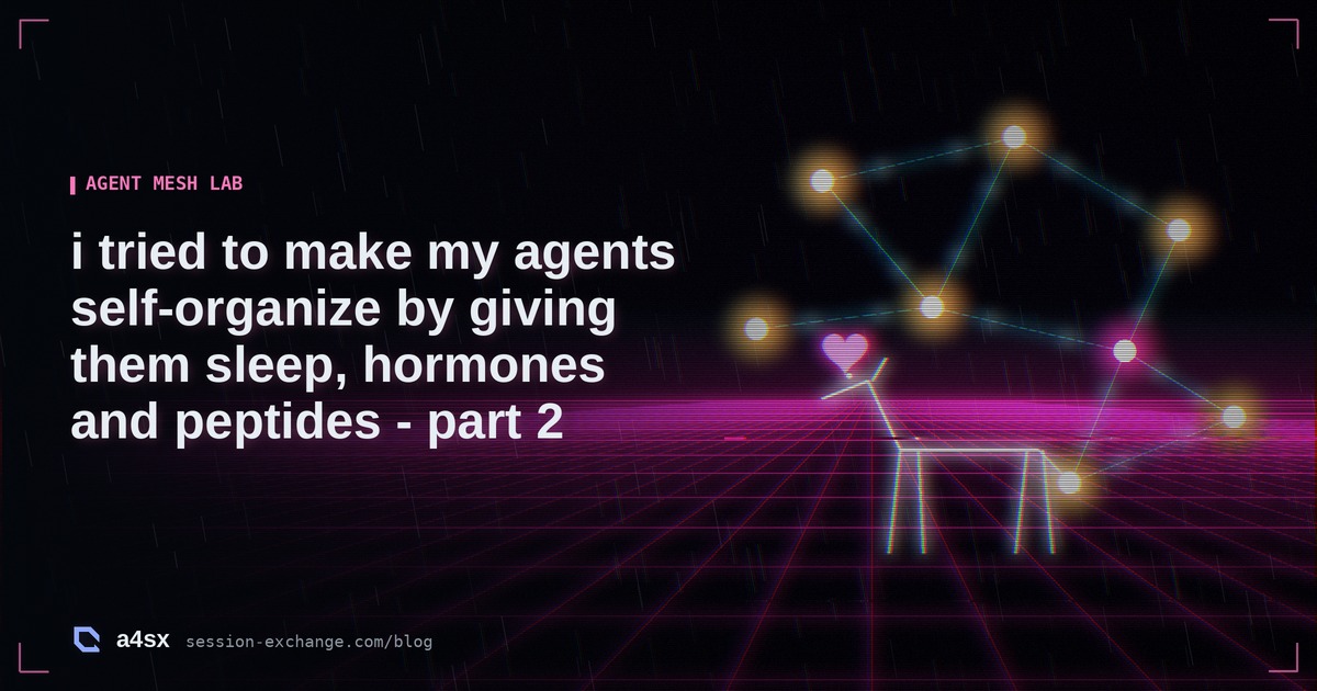 Neon illustration: glowing agent cells joined by cyan links over a magenta grid floor, with a white stick-figure horse and a small pink heart in front of them.