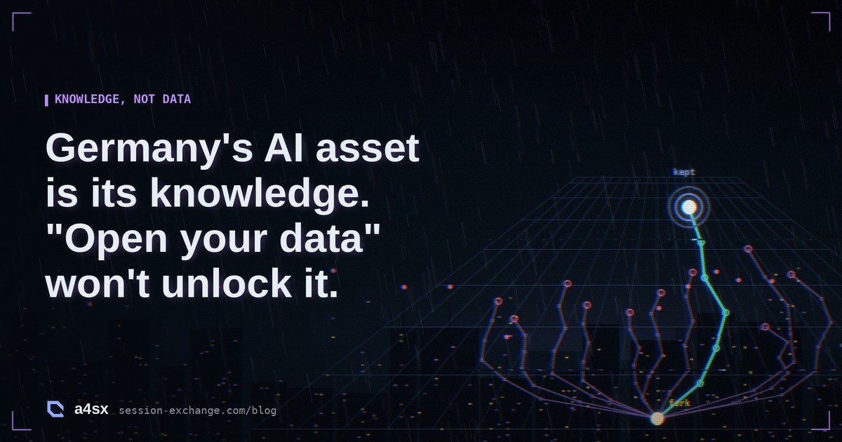 Neon illustration: a factory floor drawn as a glowing grid, many faint paths forking from one warm point and one bright path reaching a node marked kept, next to the post title.