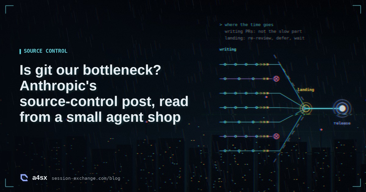 Neon illustration: parallel branch lanes marked writing bunch up in a queue before one narrow neck marked landing; two are held back, one trunk reaches a node marked release, next to the post title.